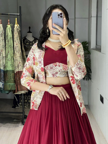 Gorgeous Maroon Georgette Wedding Wear Lehenga Choli With Printed Jacket