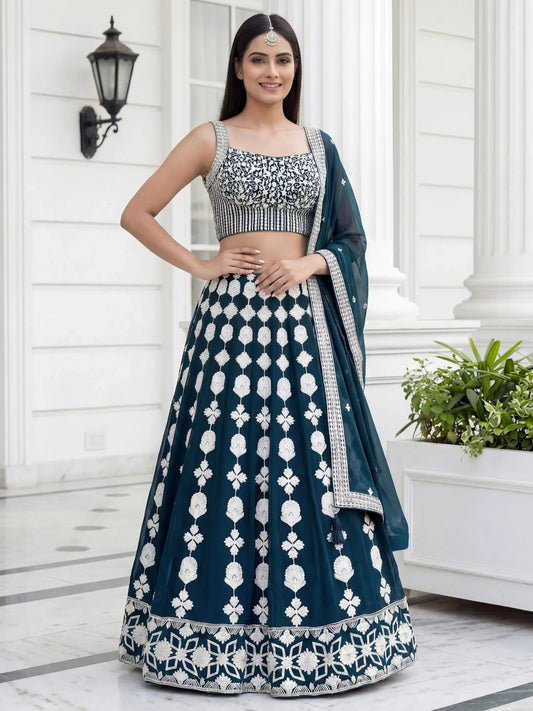Lovely Green Thread Embroidered Georgette Mehendi Wear Lehenga Choli