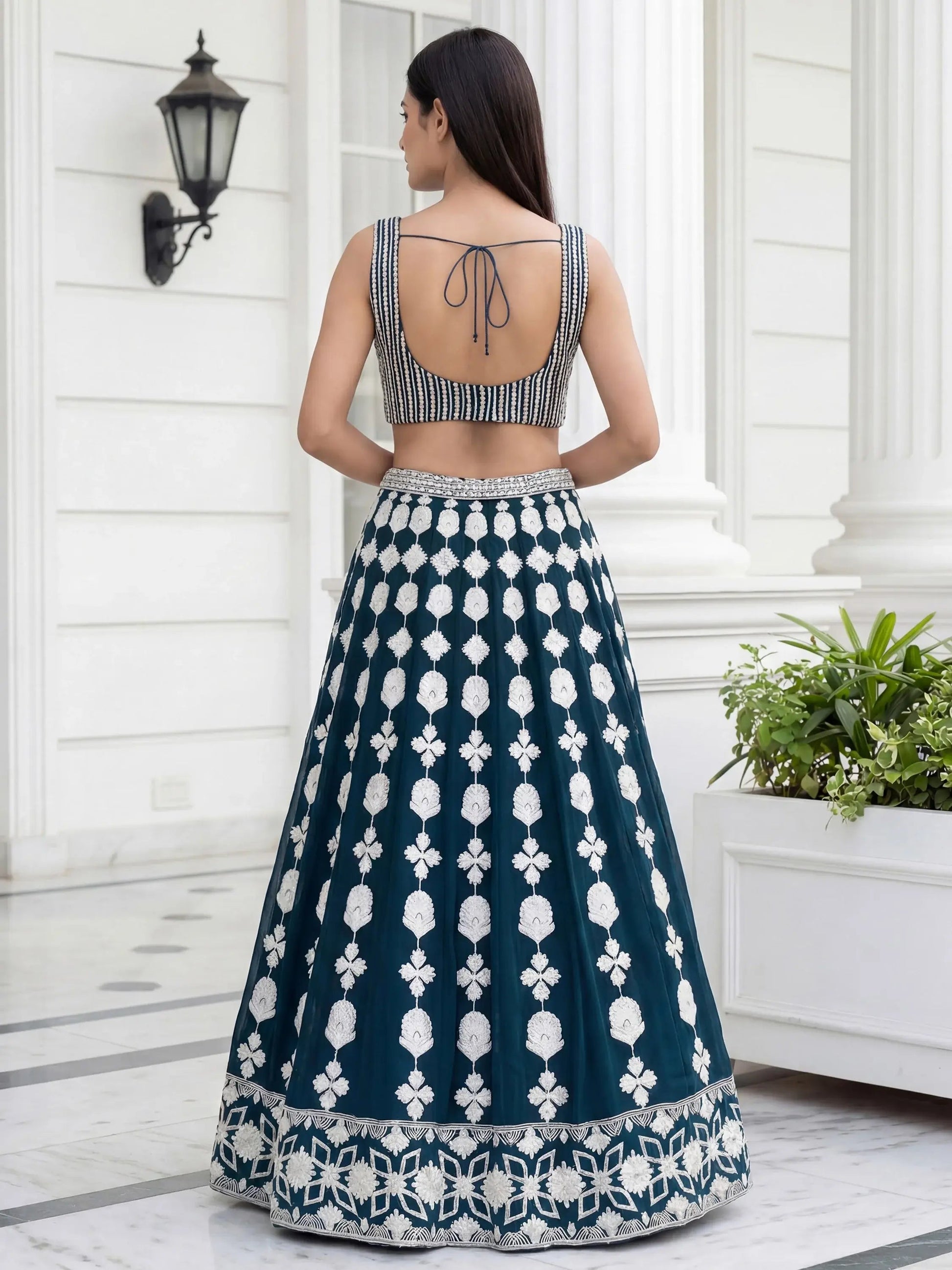 Lovely Green Thread Embroidered Georgette Mehendi Wear Lehenga Choli