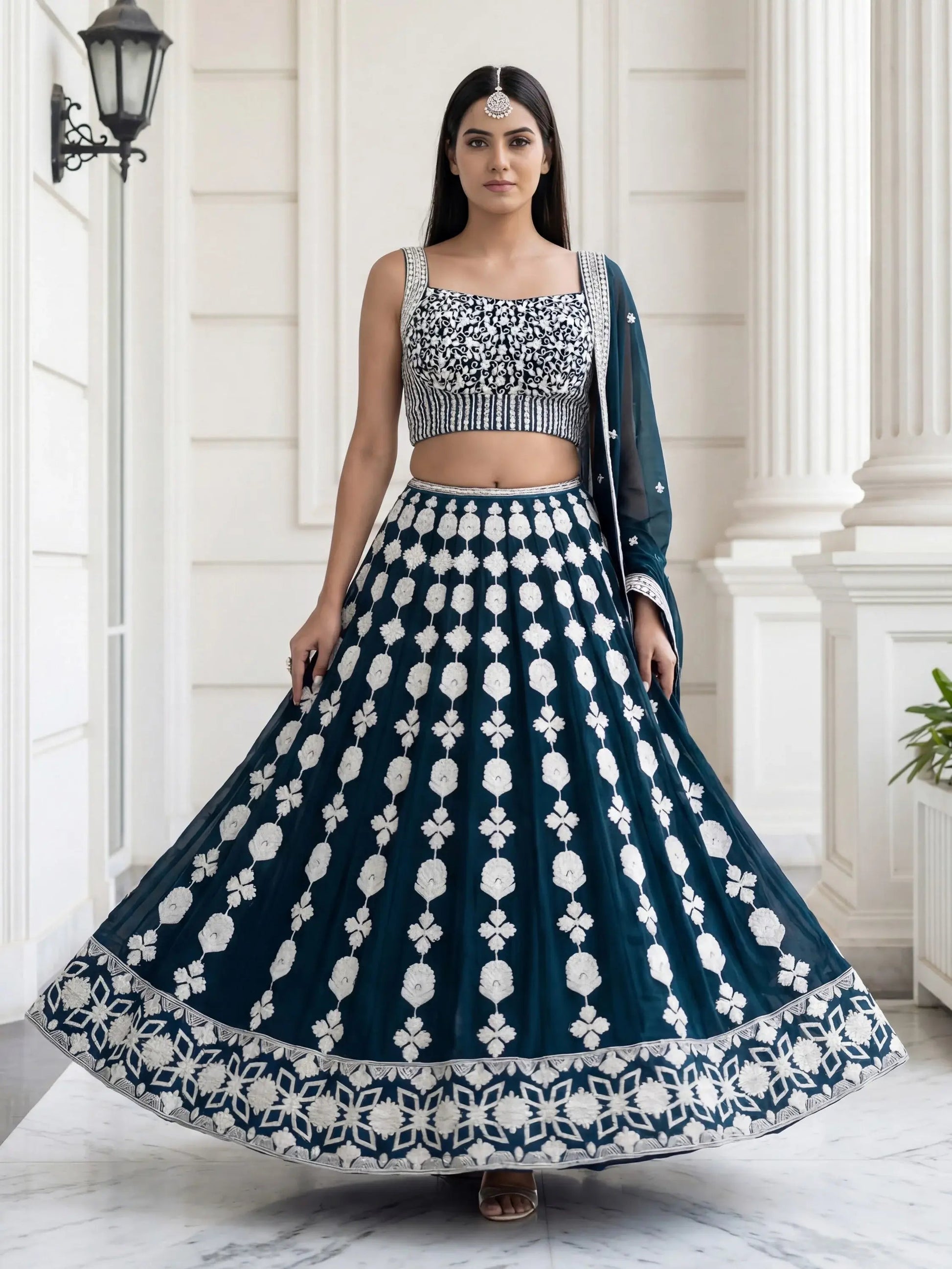 Lovely Green Thread Embroidered Georgette Mehendi Wear Lehenga Choli