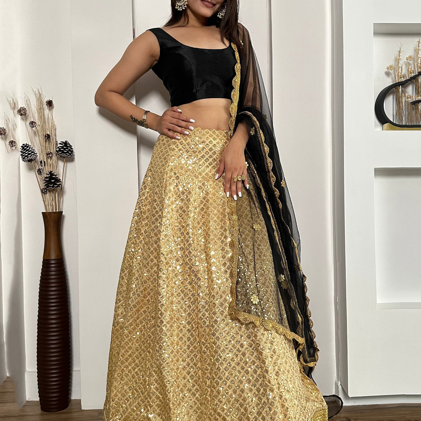 Beautiful Golden Sequins Silk Sangeet Wear Lehenga Choli With Dupatta