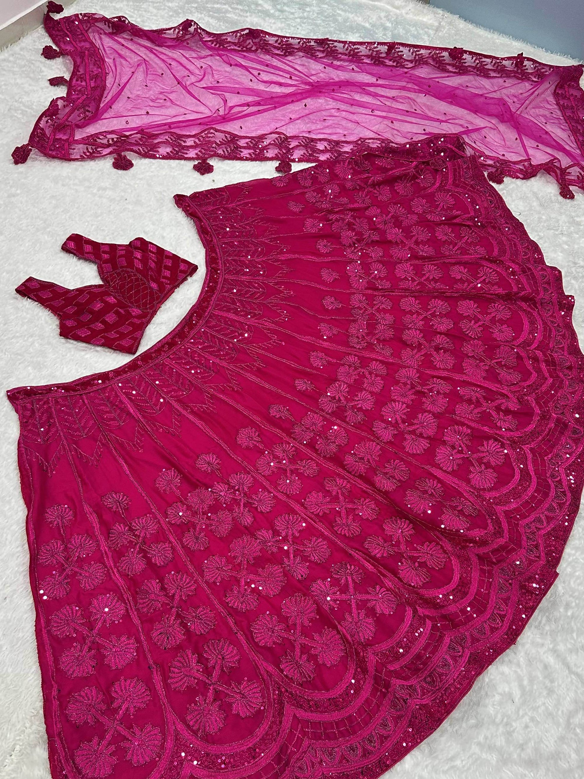 Wonderful Hot Pink Thread Embroidered Silk Lehenga Choli With Dupatta