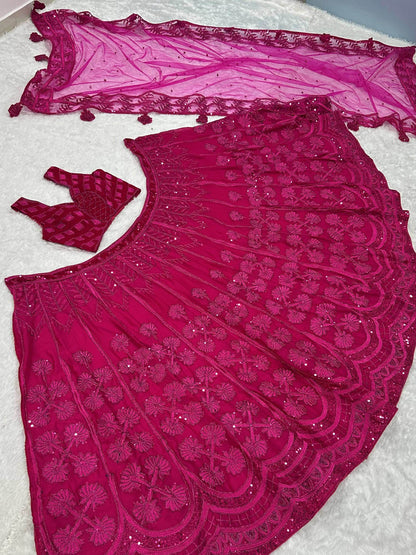 Wonderful Hot Pink Thread Embroidered Silk Lehenga Choli With Dupatta