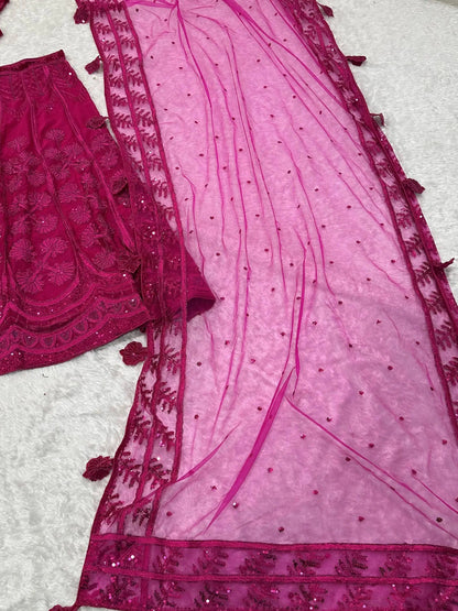 Wonderful Hot Pink Thread Embroidered Silk Lehenga Choli With Dupatta