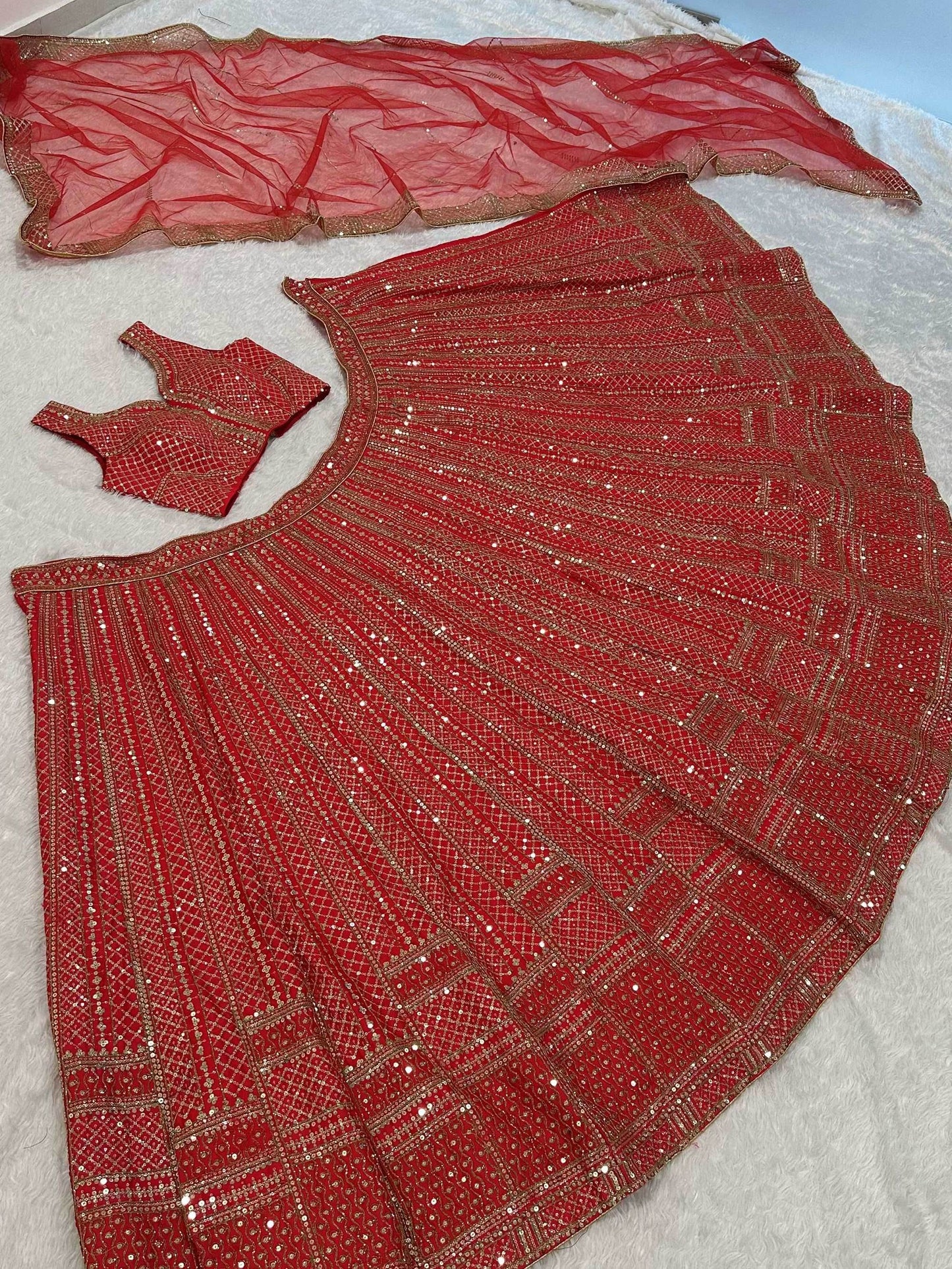 Charming Red Sequins Satin Wedding Wear Lehenga Choli With Dupatta