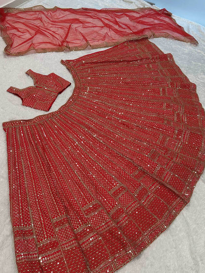 Charming Red Sequins Satin Wedding Wear Lehenga Choli With Dupatta