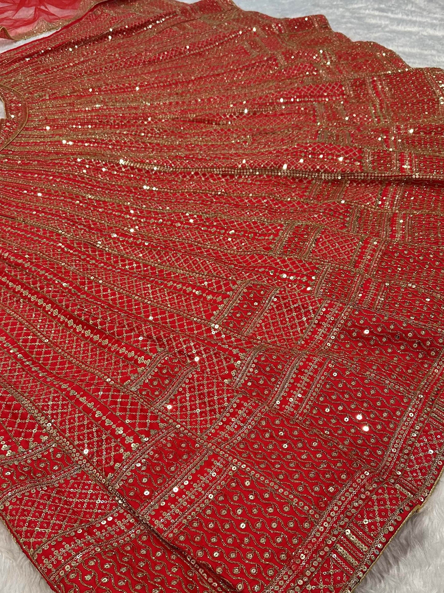 Charming Red Sequins Satin Wedding Wear Lehenga Choli With Dupatta