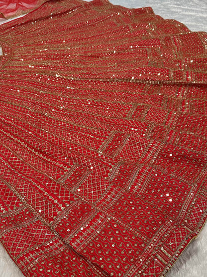 Charming Red Sequins Satin Wedding Wear Lehenga Choli With Dupatta
