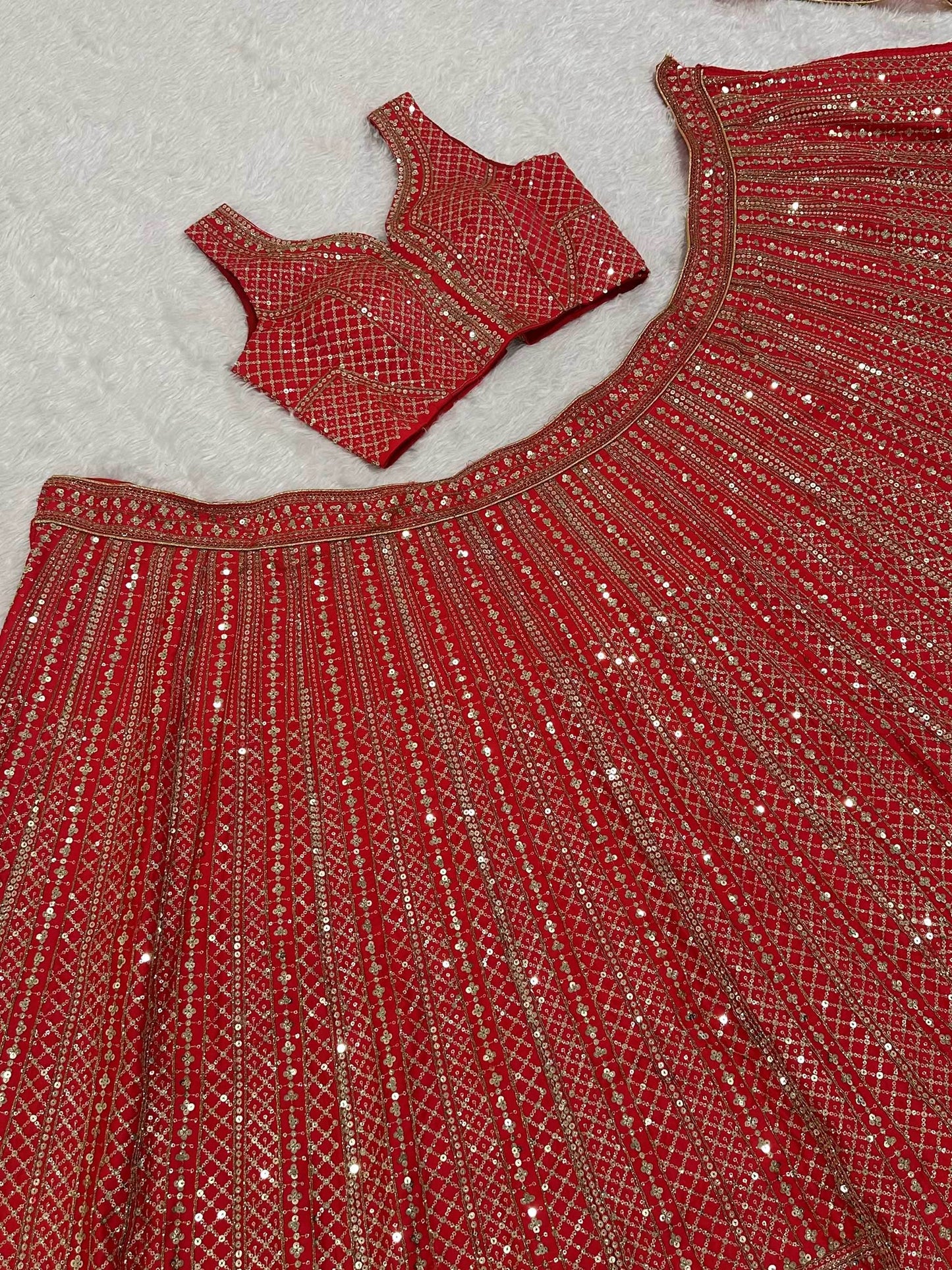 Charming Red Sequins Satin Wedding Wear Lehenga Choli With Dupatta