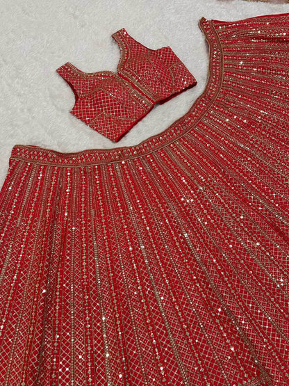 Charming Red Sequins Satin Wedding Wear Lehenga Choli With Dupatta