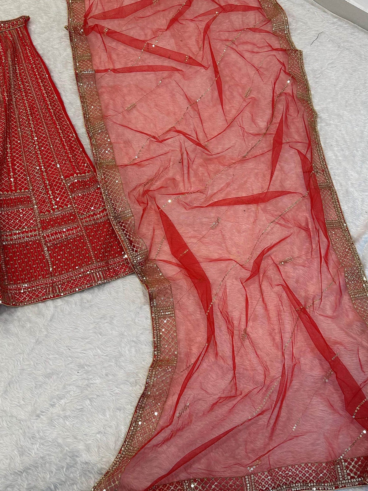 Charming Red Sequins Satin Wedding Wear Lehenga Choli With Dupatta