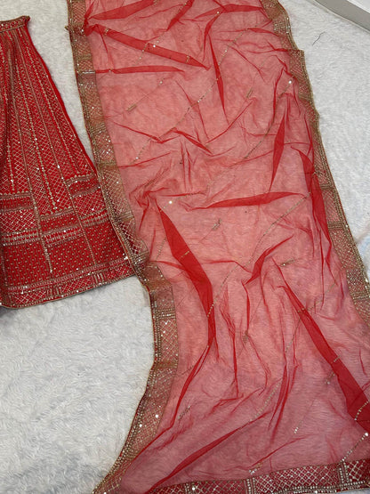 Charming Red Sequins Satin Wedding Wear Lehenga Choli With Dupatta