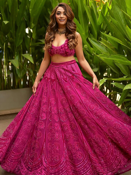Wonderful Hot Pink Thread Embroidered Silk Lehenga Choli With Dupatta