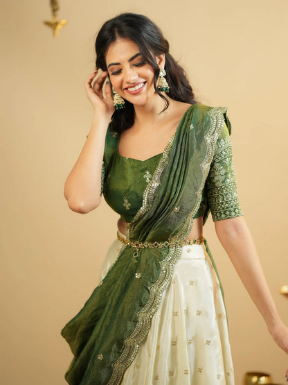 Significant White Zari Work Crepe Silk Wedding Wear Lehenga With Blouse
