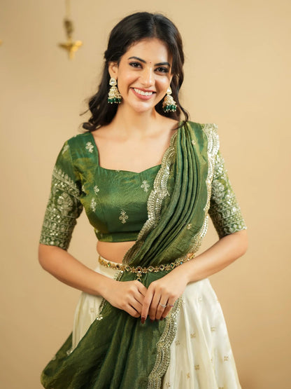 Significant White Zari Work Crepe Silk Wedding Wear Lehenga With Blouse