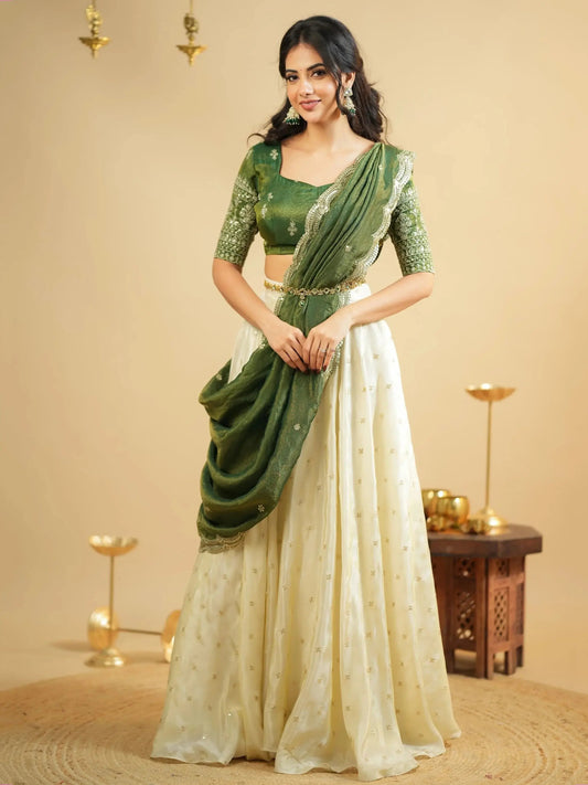 Significant White Zari Work Crepe Silk Wedding Wear Lehenga With Blouse