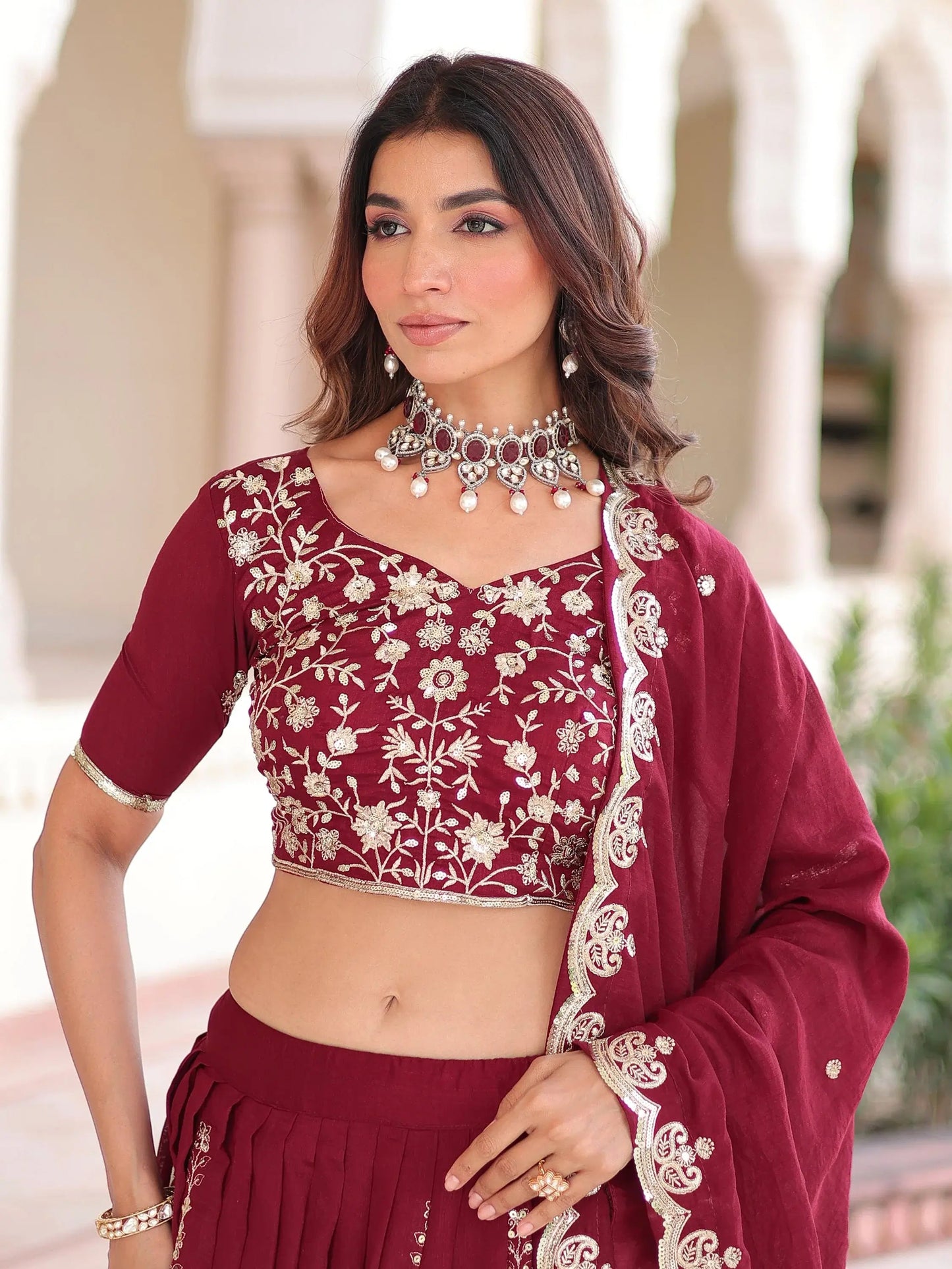 Adorable Maroon Sequins Silk Wedding Wear Lehenga Choli With Dupatta