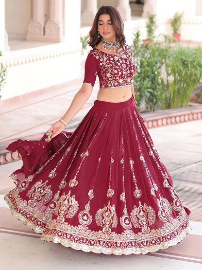 Adorable Maroon Sequins Silk Wedding Wear Lehenga Choli With Dupatta