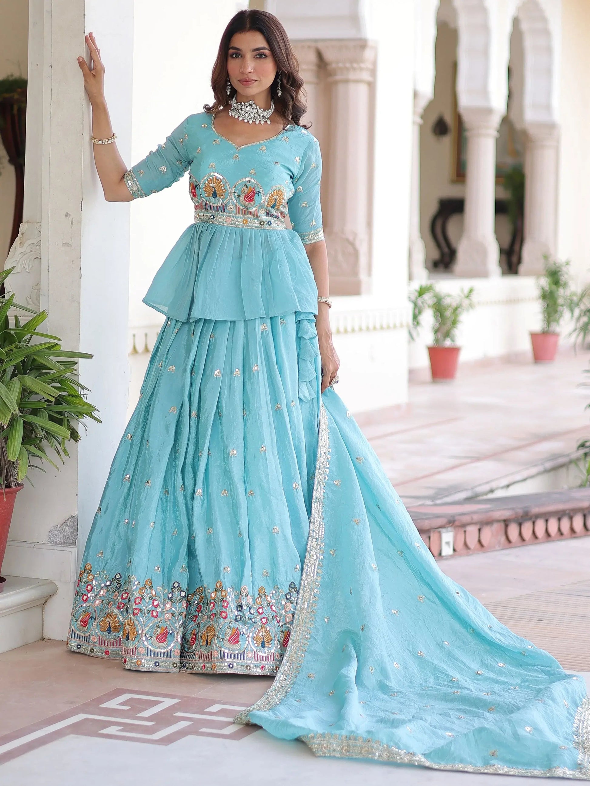 Charming Sky Blue Thread Work Silk Designer Lehenga With Peplum Top