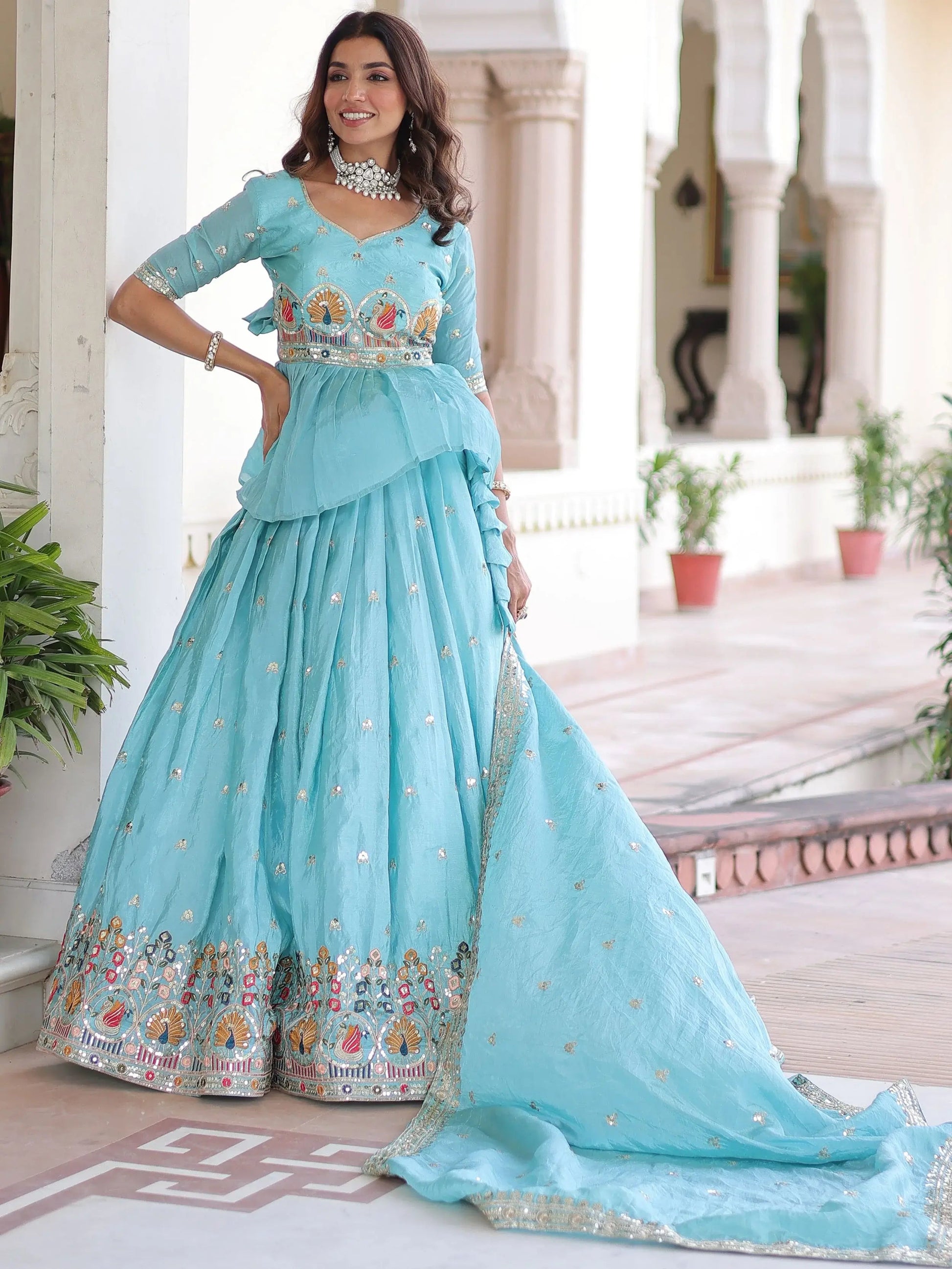 Charming Sky Blue Thread Work Silk Designer Lehenga With Peplum Top
