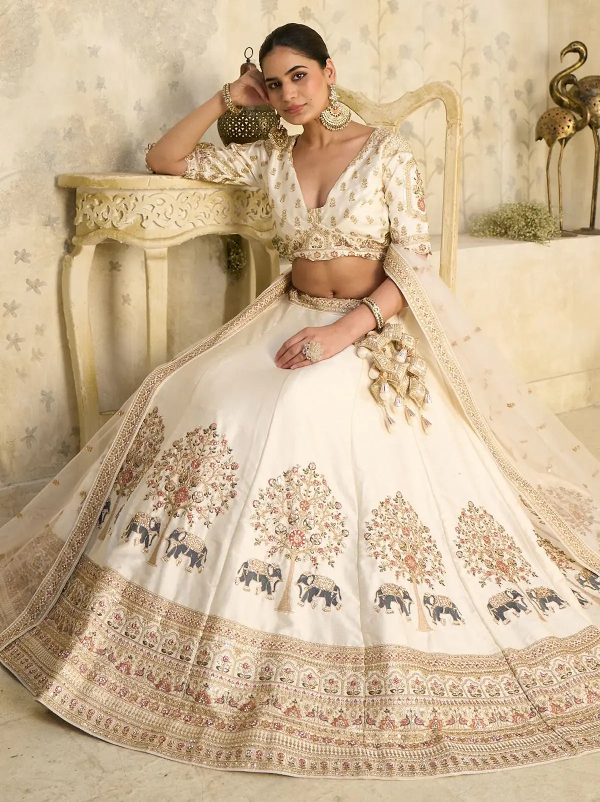 Amazeballs Cream Embroidered Silk Reception Wear Lehenga With Blouse