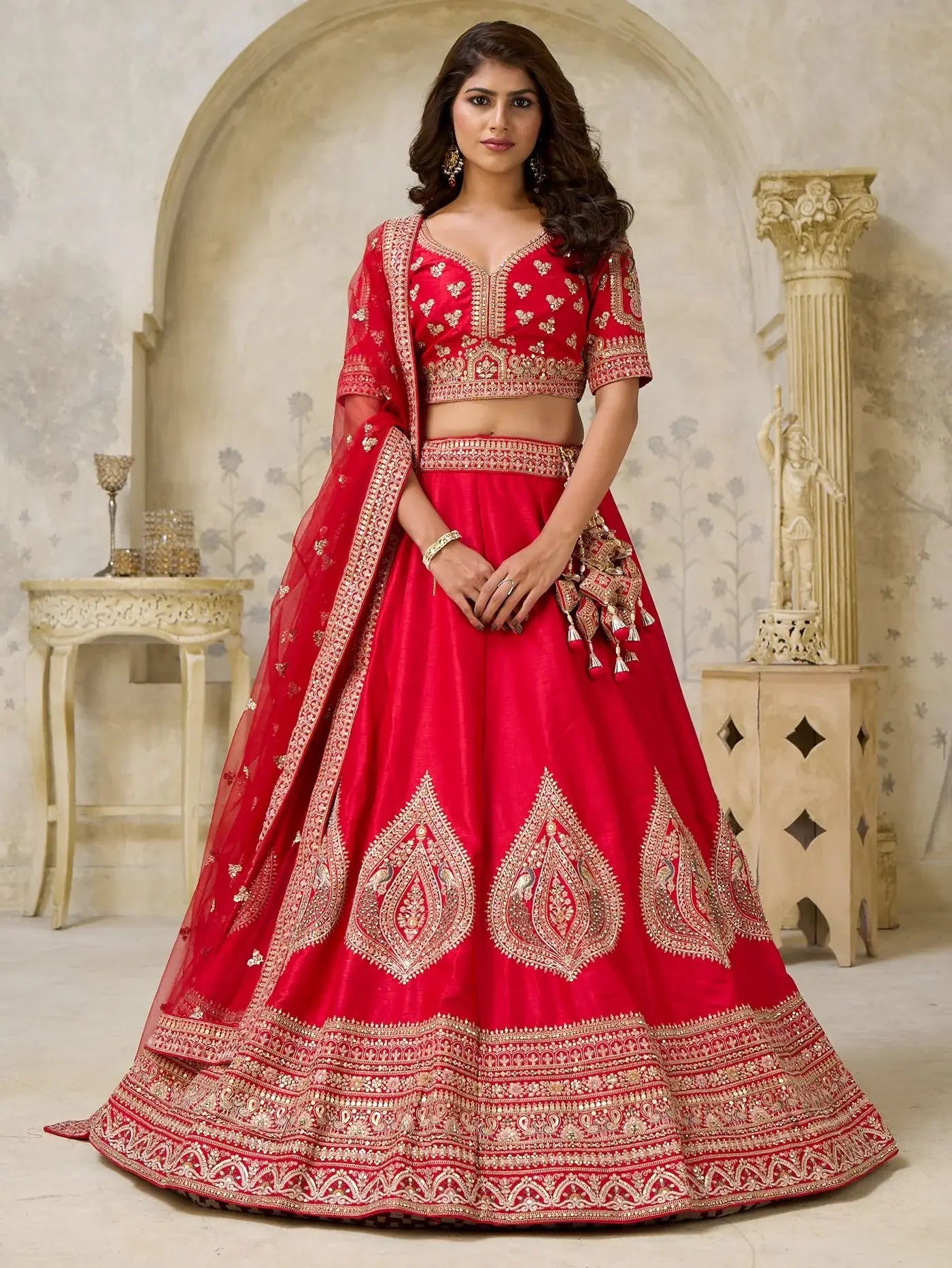 Lovely Red Sequins Embroidered Silk Bridal Lehenga Choli With Dupatta