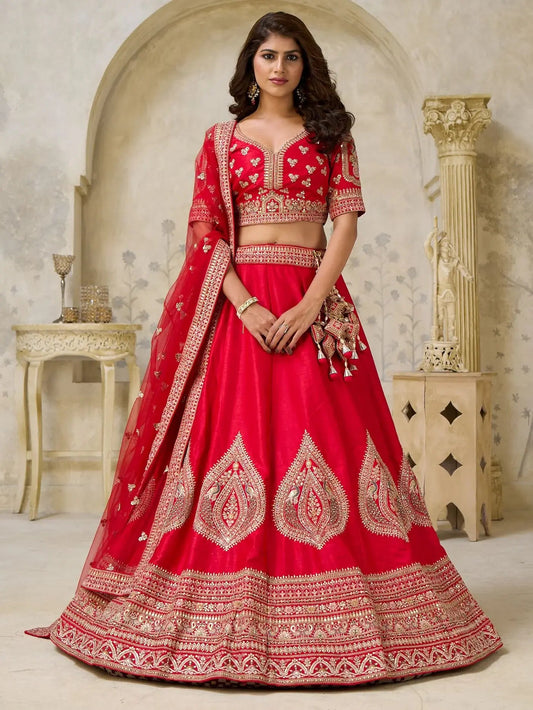 Lovely Red Sequins Embroidered Silk Bridal Lehenga Choli With Dupatta