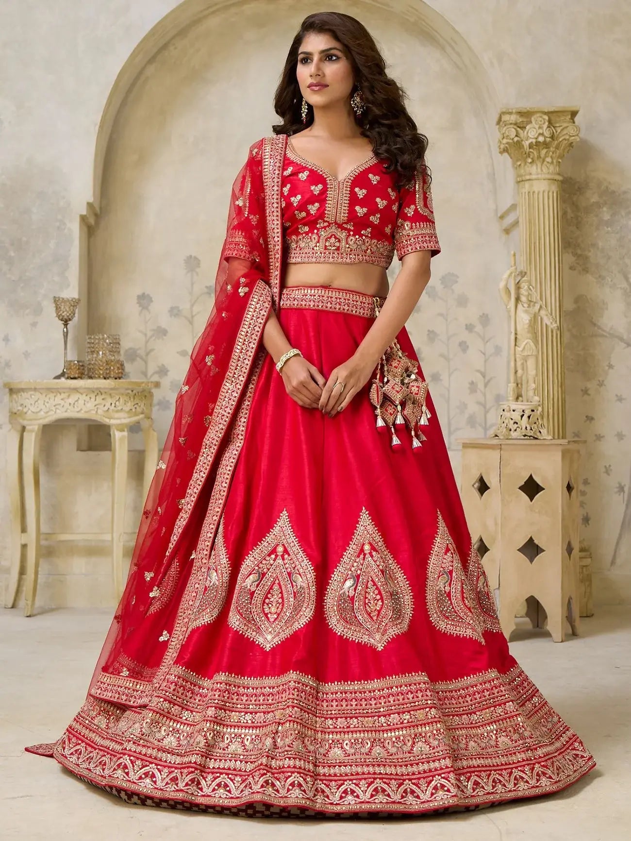Lovely Red Sequins Embroidered Silk Bridal Lehenga Choli With Dupatta