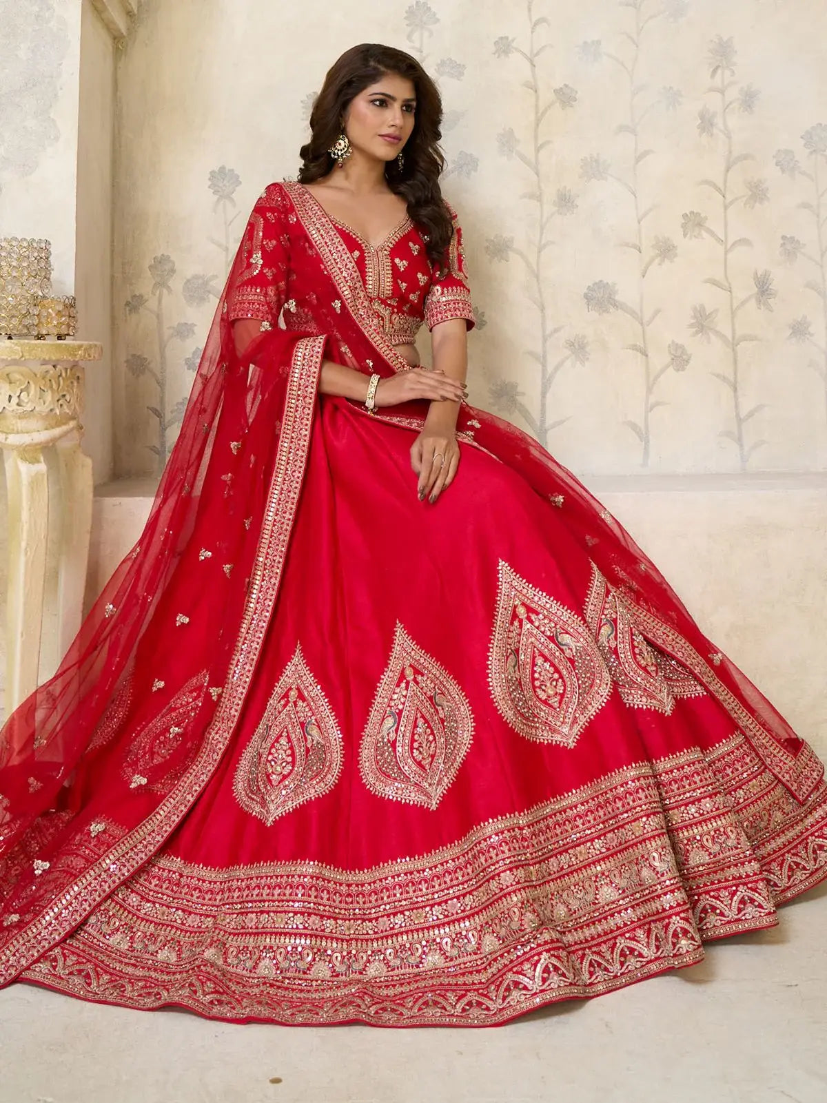 Lovely Red Sequins Embroidered Silk Bridal Lehenga Choli With Dupatta