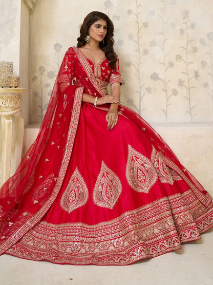 Lovely Red Sequins Embroidered Silk Bridal Lehenga Choli With Dupatta