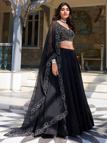 Stunning Black Sequins Work Satin Silk Party Wear Lehenga Choli