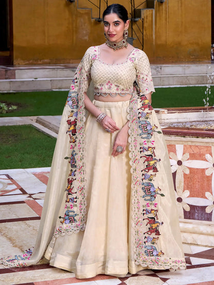Great Off-White Thread Embroidered Silk Festive Wear Lehenga With Blouse