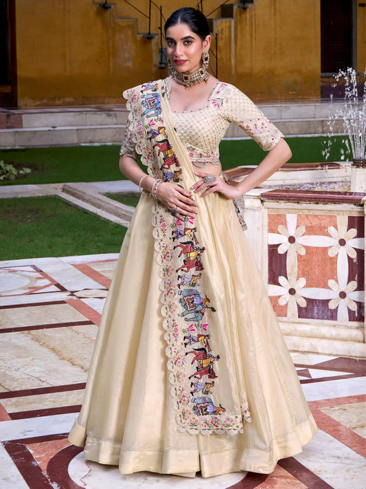 Great Off-White Thread Embroidered Silk Festive Wear Lehenga With Blouse
