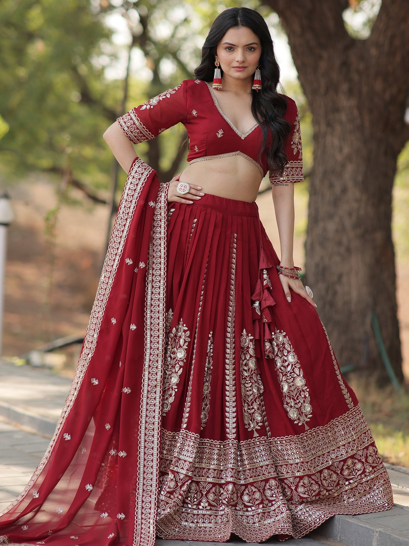 Marvelous Maroon Sequins Georgette Wedding Lehenga Choli