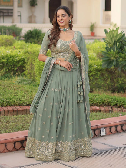 Striking Green Sequins Embroidered Georgette Festive Wear Lehenga Choli With Dupatta