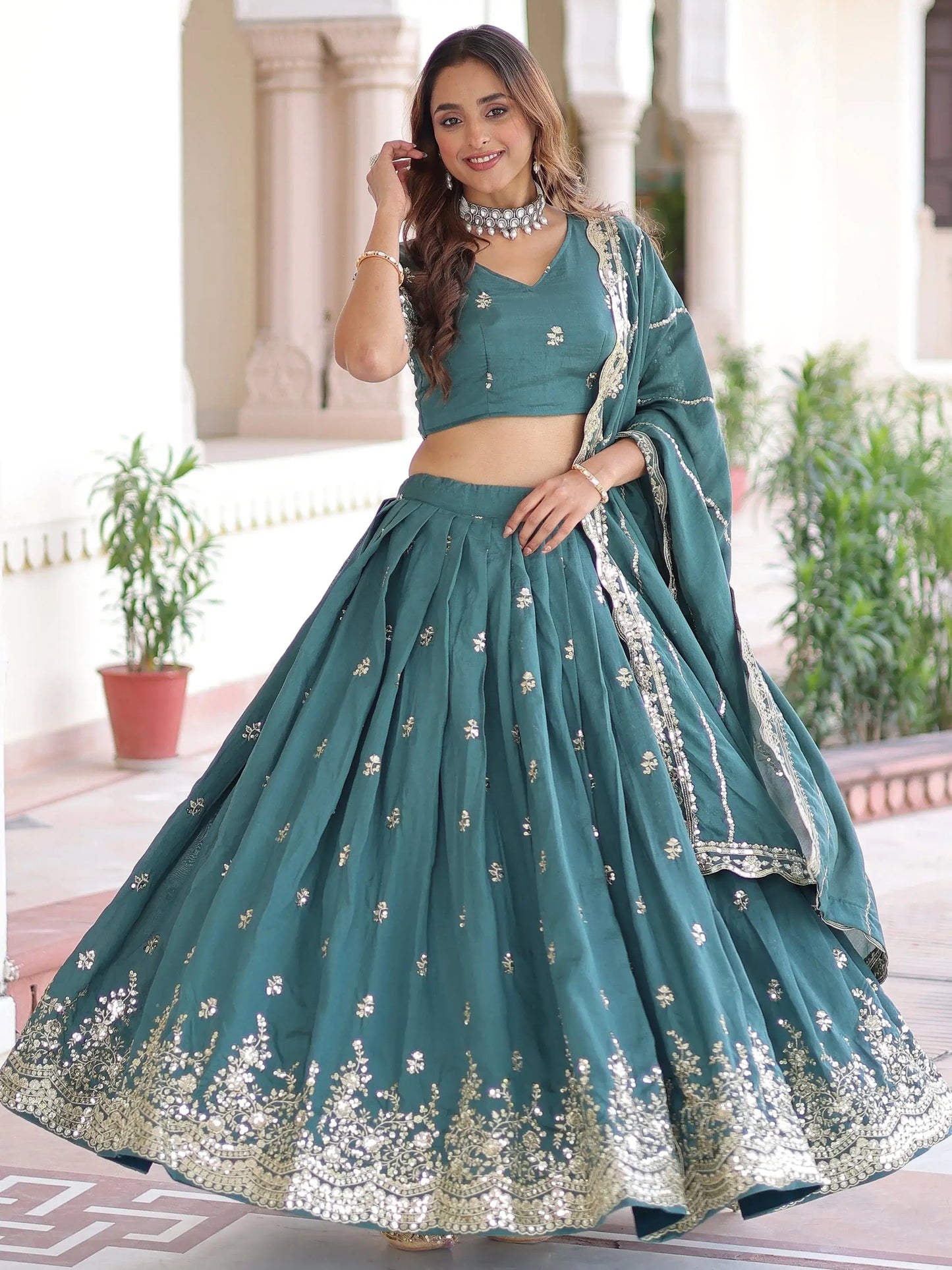 Amazing Teal Green Zari Work Silk Mehendi Wear Lehenga With Blouse
