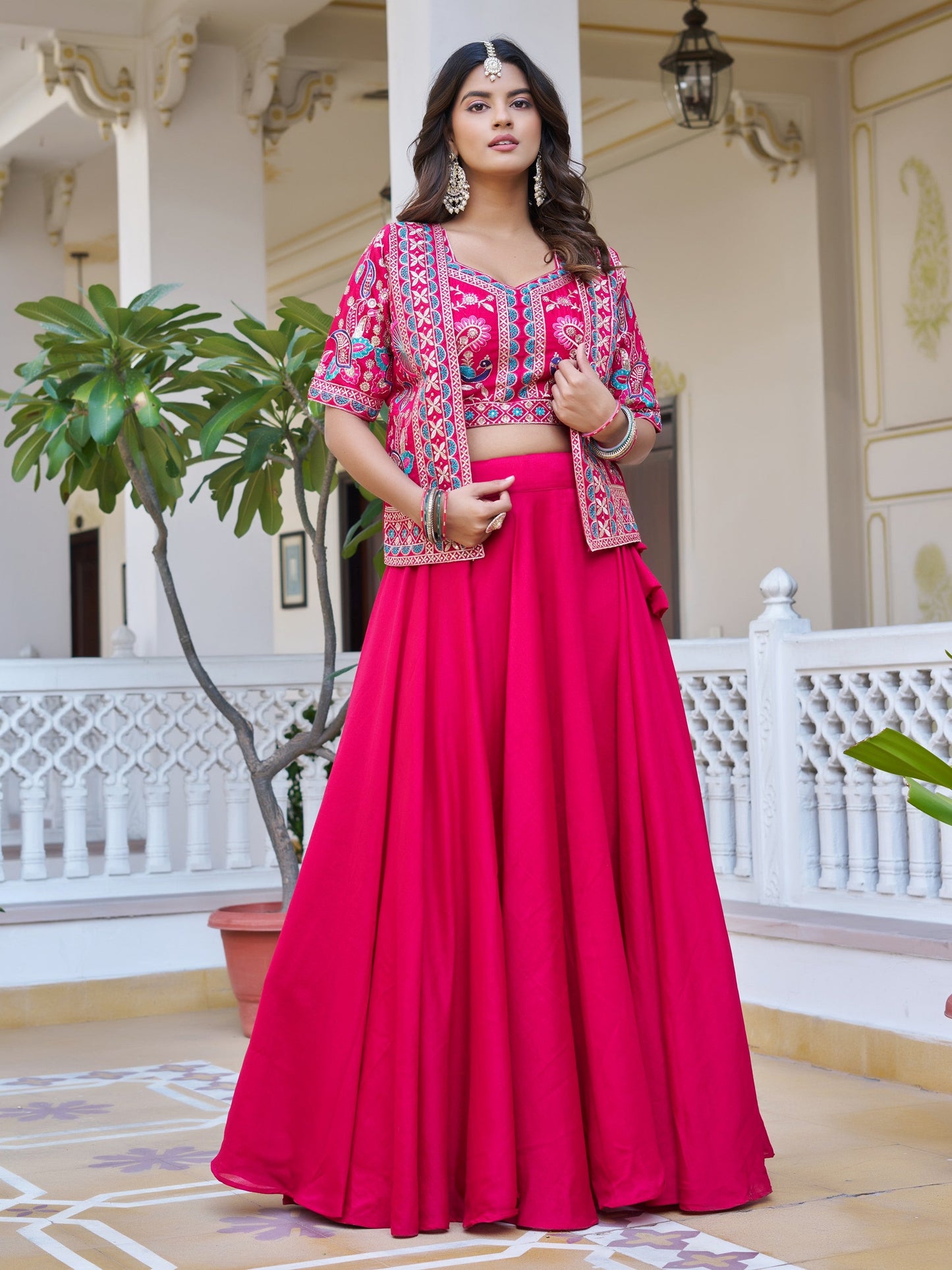 Amazing Rani Pink Embroidered Silk Function Wear Lehenga Choli With Jacket