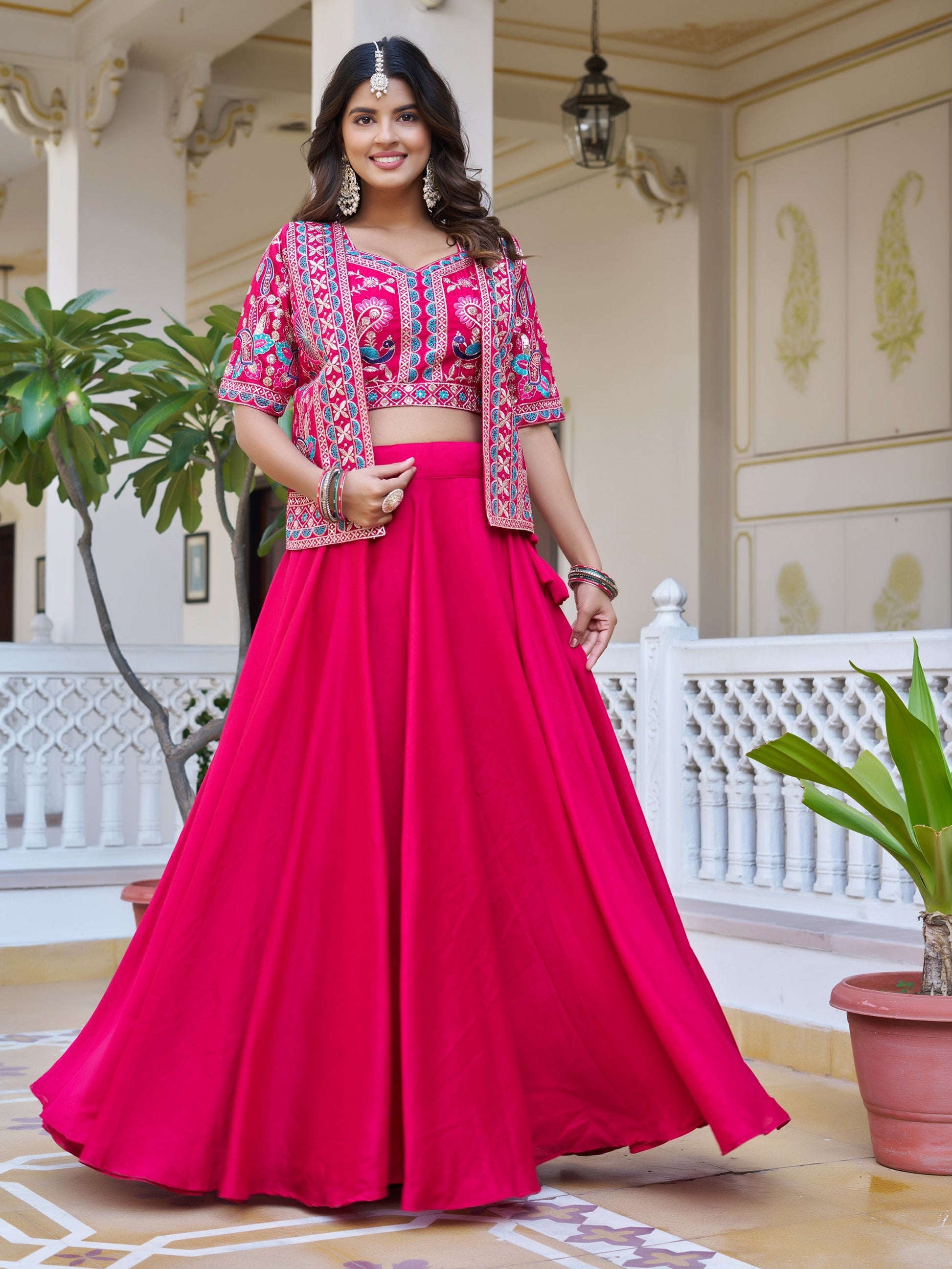 Amazing Rani Pink Embroidered Silk Function Wear Lehenga Choli With Jacket