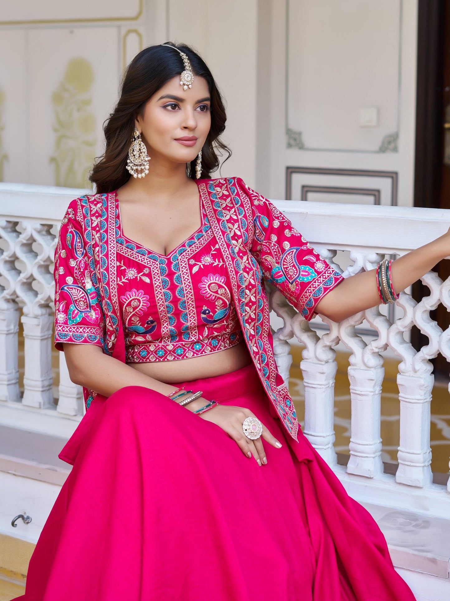 Amazing Rani Pink Embroidered Silk Function Wear Lehenga Choli With Jacket