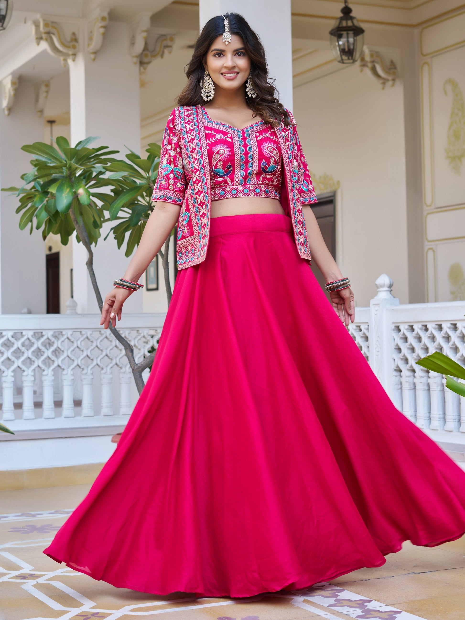 Amazing Rani Pink Embroidered Silk Function Wear Lehenga Choli With Jacket