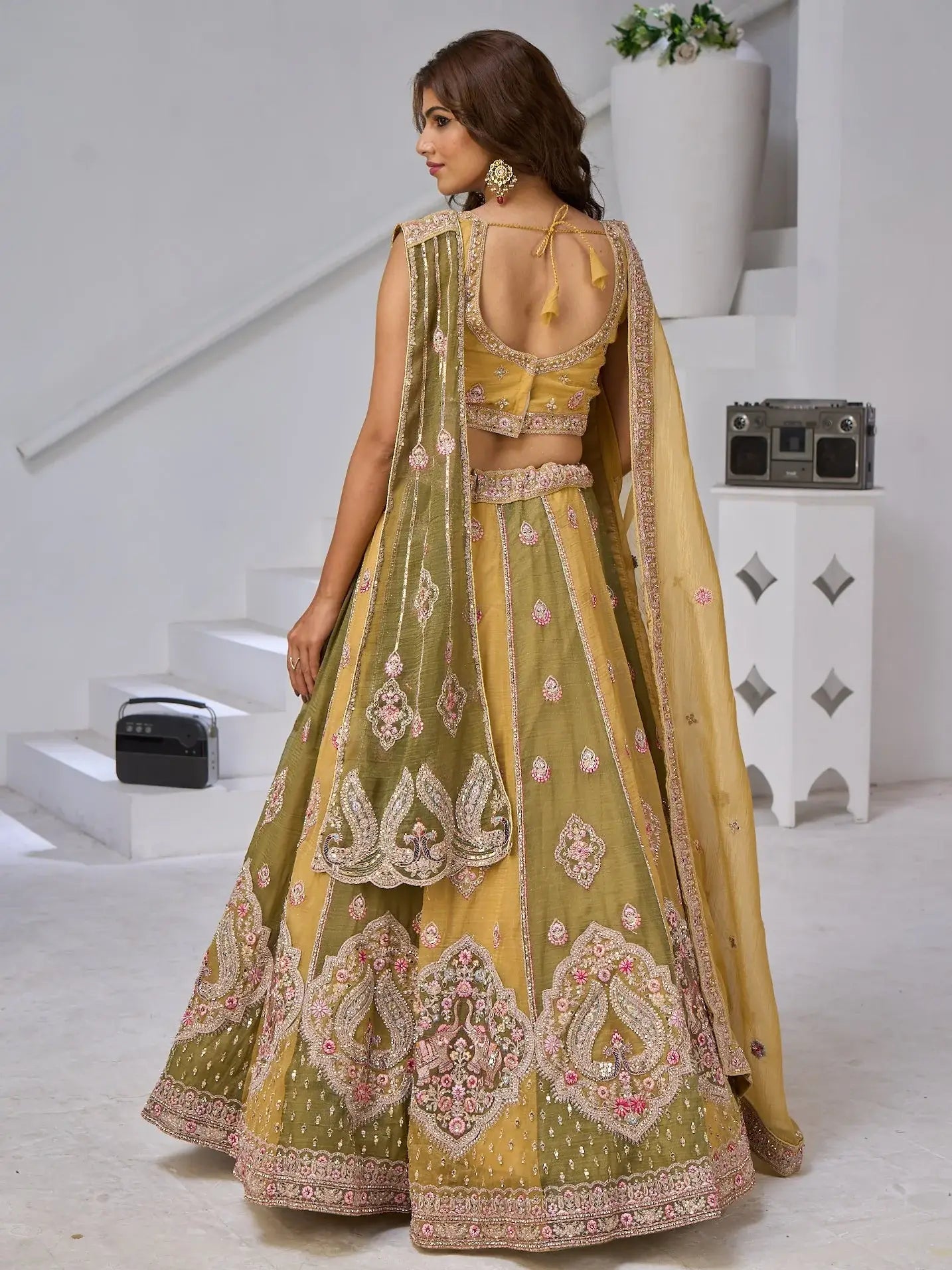 Alluring Yellow-Green Embroidered Tissue Function Wear Lehenga Choli