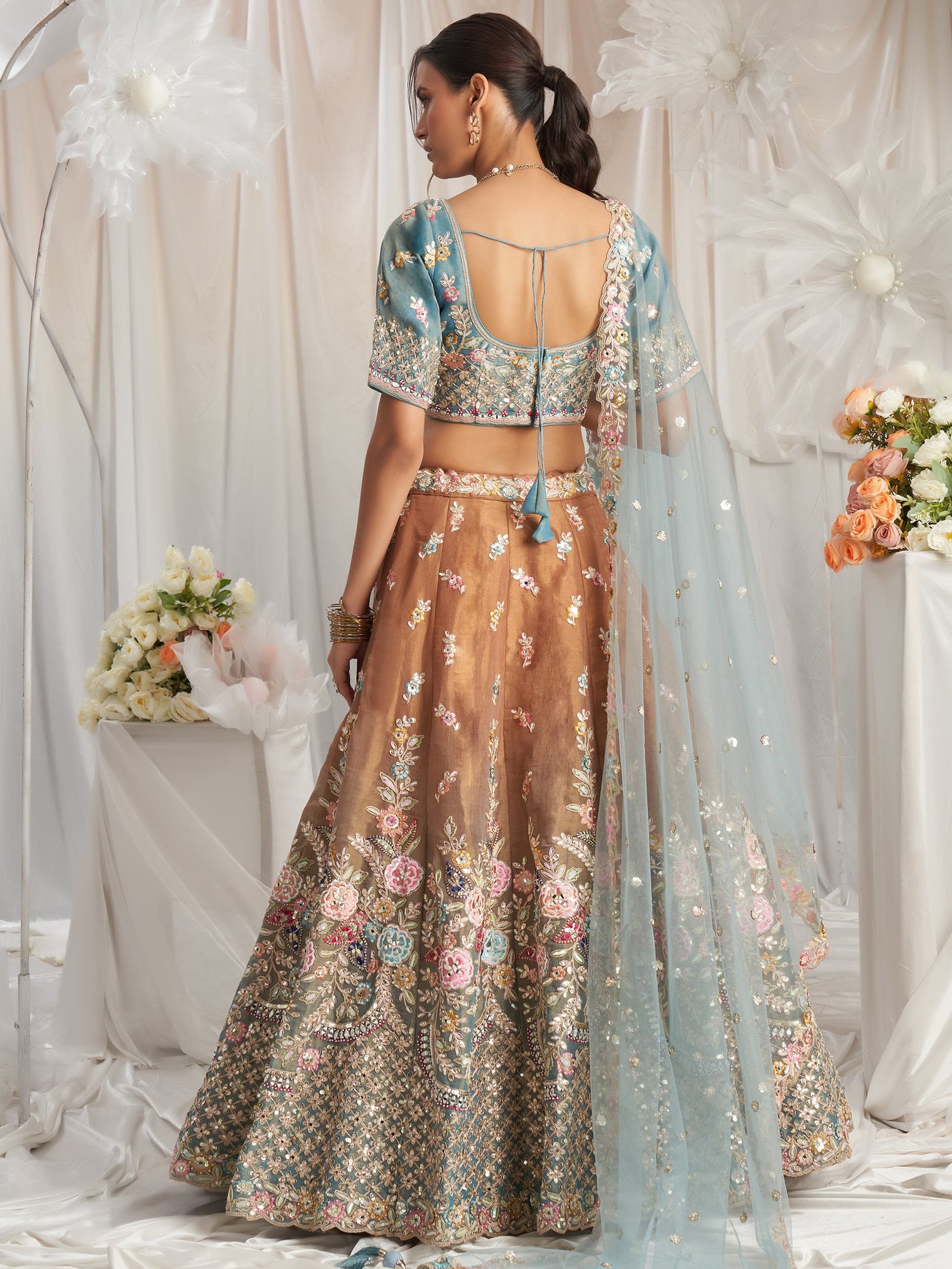 Incredible Brown Sequins Tissue Silk Reception Wear Lehenga Choli