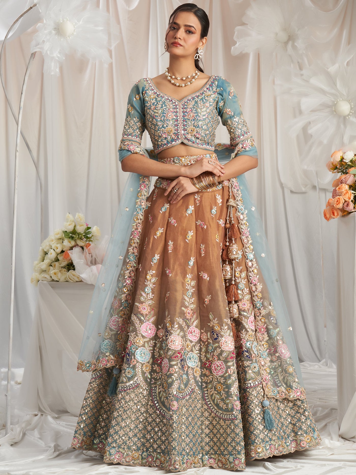 Incredible Brown Sequins Tissue Silk Reception Wear Lehenga Choli