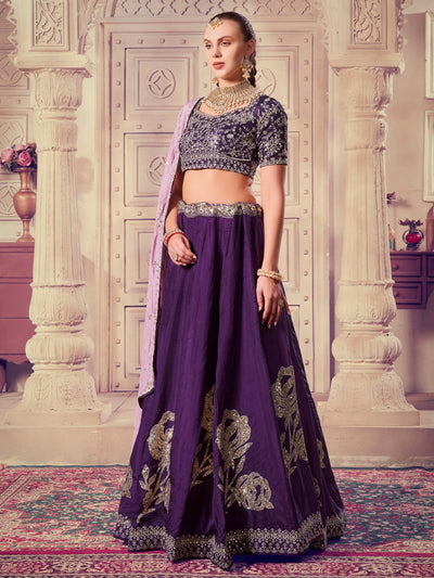 Attractive Purple Sequins Silk Wedding Lehenga Choli With Dupatta