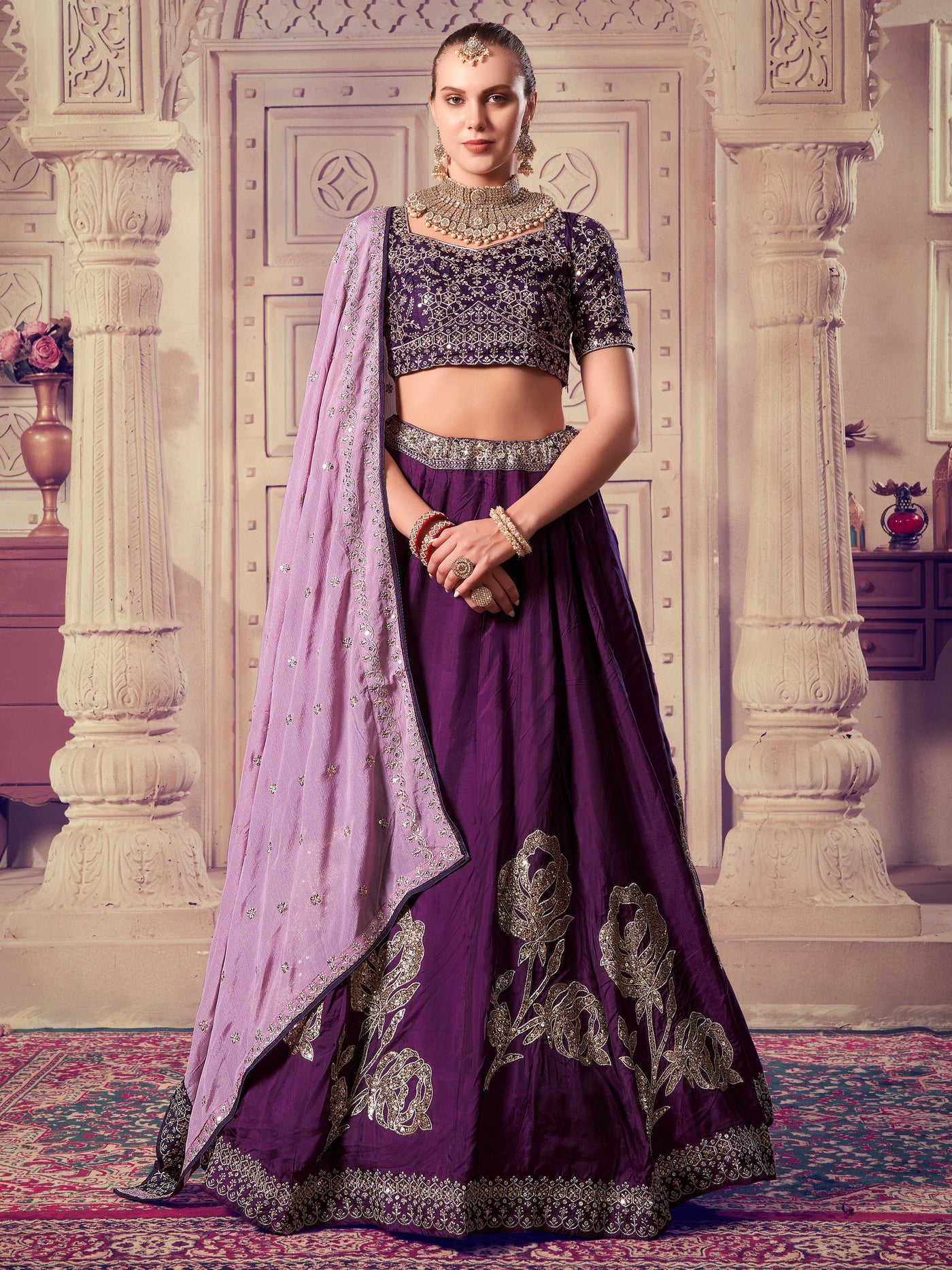 Attractive Purple Sequins Silk Wedding Lehenga Choli With Dupatta