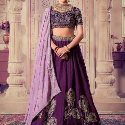 Attractive Purple Sequins Silk Wedding Lehenga Choli With Dupatta