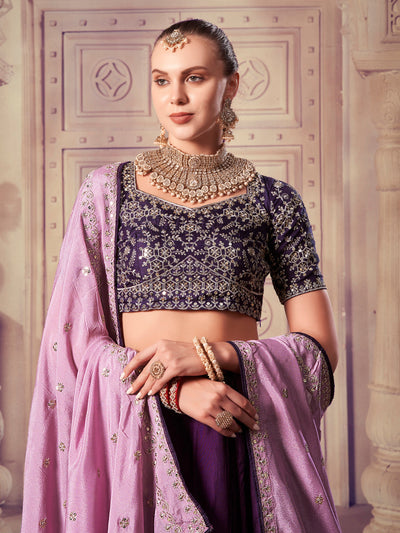 Attractive Purple Sequins Silk Wedding Lehenga Choli With Dupatta