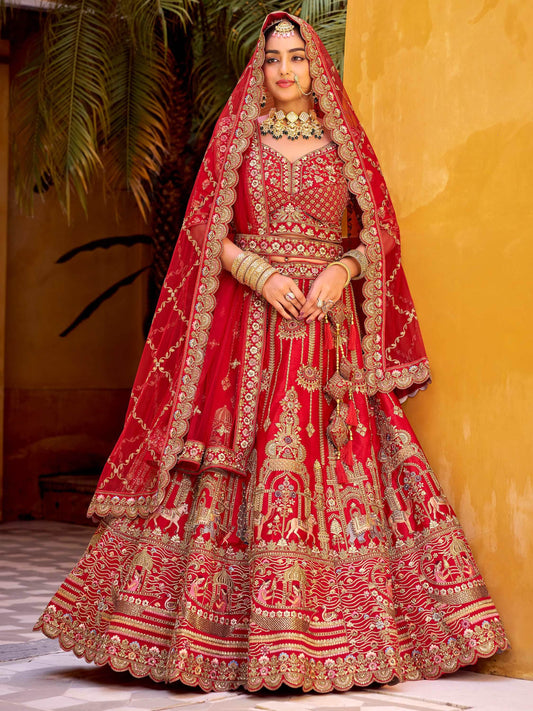 Lovely Red Hand Work Silk Bridal Lehenga Choli With Double Dupatta