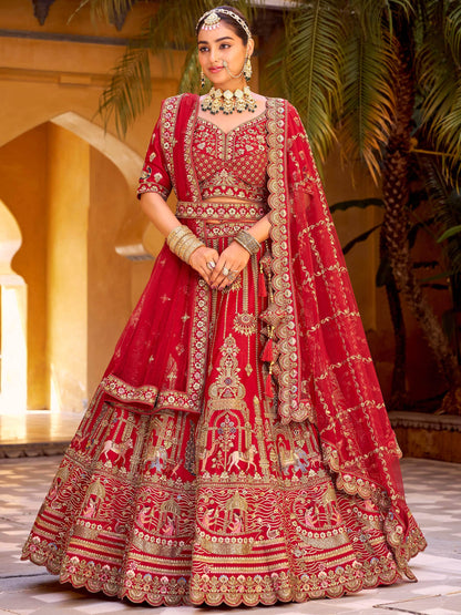 Lovely Red Hand Work Silk Bridal Lehenga Choli With Double Dupatta