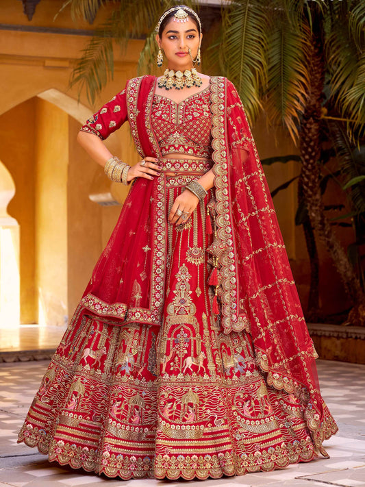 Lovely Red Hand Work Silk Bridal Lehenga Choli With Double Dupatta